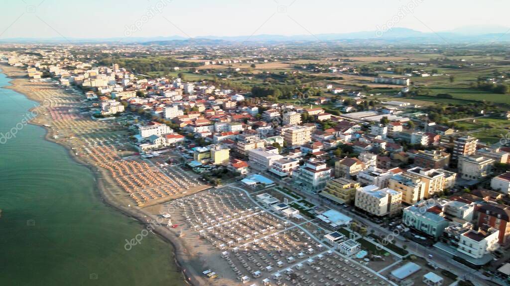 Torre Pedrera Beach, Rimini. Aerial view from drone in summer season.