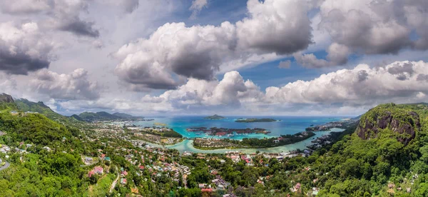 Flygfoto Solnedgång Panoramautsikt Över Mahe Kusten Och Eden Island Seychellerna — Stockfoto