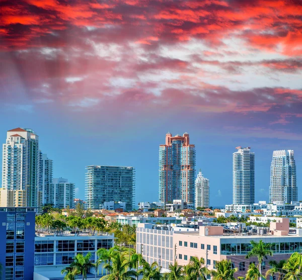 マッカーサー コーズウェイのマイアミビーチ高層ビルとヤシの木 晴れた日の空の景色 フロリダ — ストック写真