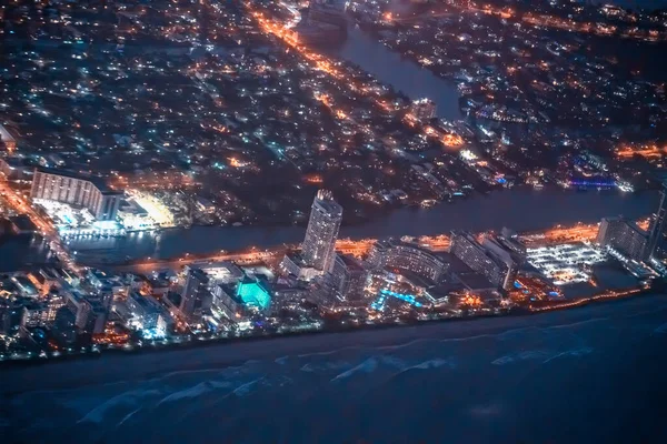 Vista Aerea Notturna Dello Skyline Miami Beach Dall Aereo — Foto Stock