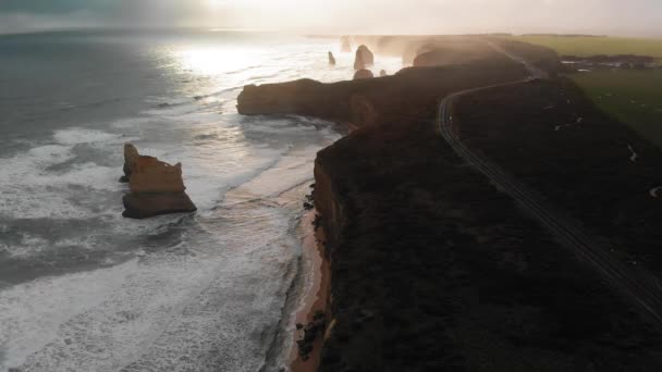 Scenic Aerial Footage Twelve Apostles Cliffs Sunset — Stock Video