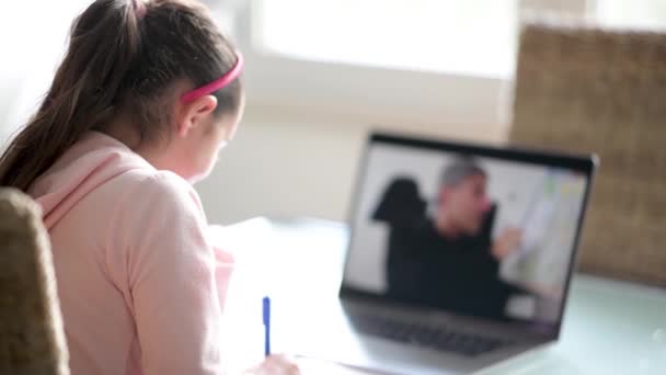 Scuola dal concetto di casa. Insegnante che spiega lezione alla ragazza nella scuola primaria seguendo dallo schermo del computer portatile — Video Stock