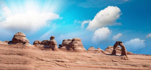 Panoramablick Auf Delicate Arch Bei Sonnenuntergang Arches National Park — Stockfoto