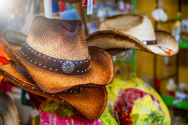 Rack of straw cowboy hats in a texan shop