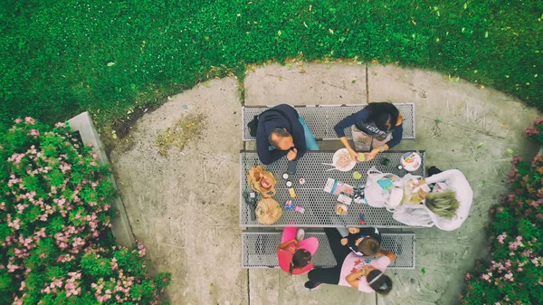 一家人在户外野餐 无人机提供的空中图像 — 图库照片