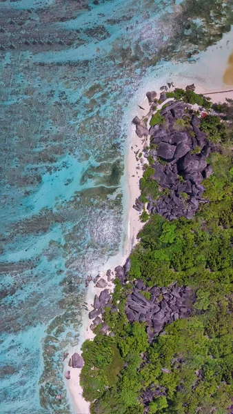 Hayret Verici Seyşeller Sahili Nin Havadan Görünüşü Aşağı Bakan Drone — Stok fotoğraf