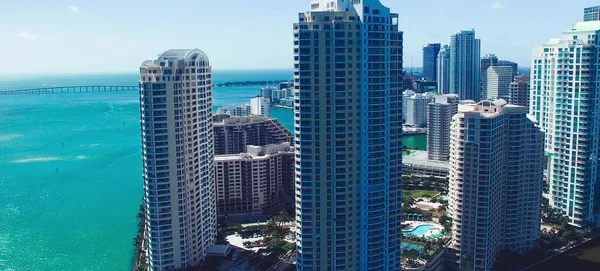 Downtown Miami aerial view, Florida from drone viewpoint. City skyline on a wonderful sunny day, slow motion