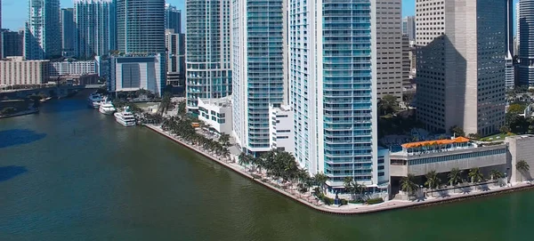 Downtown Miami aerial view, Florida from drone viewpoint. City skyline on a wonderful sunny day, slow motion