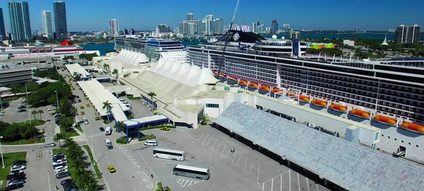 Miami Februar 2016 Luftaufnahme Von Kreuzfahrtschiffen Stadthafen Einem Schönen Sonnigen — Stockfoto