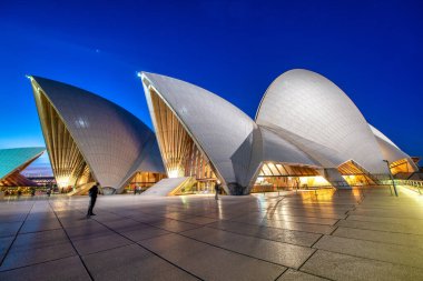 SYDNEY - 17 AĞUSTOS 2018: Sydney Limanı gökyüzü çizgisi Sydney Opera Binası ışık gösterisi, NSW, Avustralya