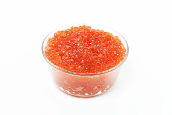Caviar Rojo Tazón Vidrio Aislado Sobre Fondo Blanco — Foto de Stock