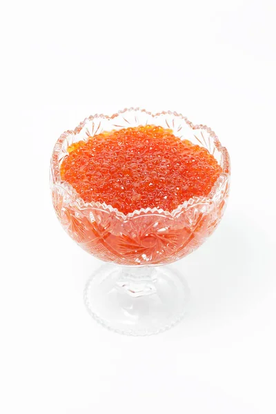Caviar Rojo Tazón Vidrio Aislado Sobre Fondo Blanco — Foto de Stock