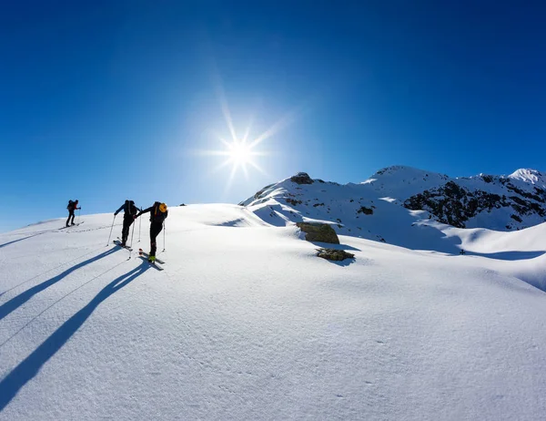 Concetto: lavoro di squadra. Un gruppo di sciatori lavora insieme per raggiungere la vetta della montagna . — Foto Stock