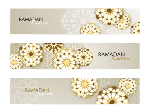 Bannières Horizontales Ramadan Kareem Avec Étoiles Fleurs Arabesques Illustration Vectorielle — Image vectorielle