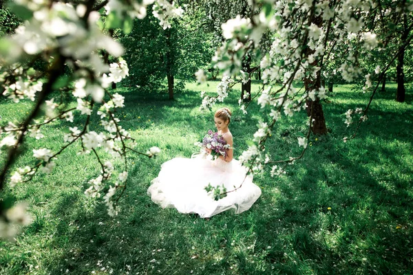 Güzel Kız Elle Çiçek Açması Bir Elma Ağacı Dalı Genç — Stok fotoğraf