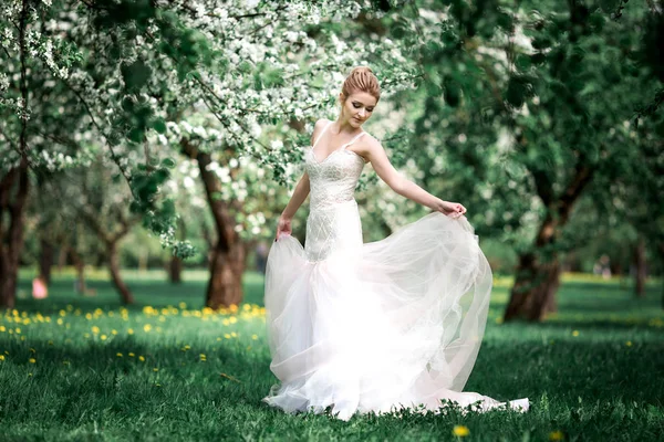 Beautiful Girl Hands Branch Blossoming Apple Tree Young Beautiful Blonde — Stock Photo, Image