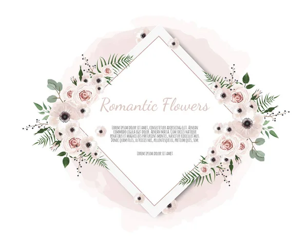 Vektor blommigt designkort. Hälsning, vykort bröllop inbjudan mall. Elegant ram med ros och anemon — Stock vektor