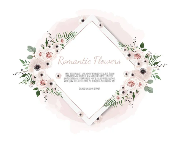 Cartão de design floral vetorial. Saudação, modelo de convite de casamento postal. Quadro elegante com rosa e anêmona — Vetor de Stock