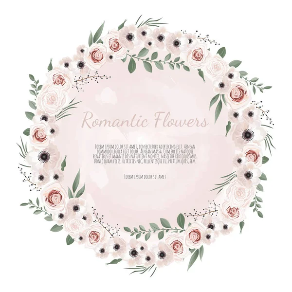 ベクトルフラワーデザインカード はがきの結婚式招待テンプレート バラとアネモネとエレガントなフレーム — ストックベクタ