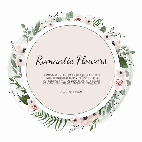 病媒花卉设计卡片 明信片婚礼邀请模板 有玫瑰和海葵的精致框架 — 图库矢量图片