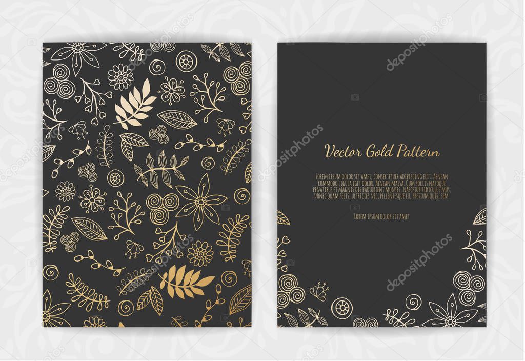 Golden Vector invitation with floral elements.
