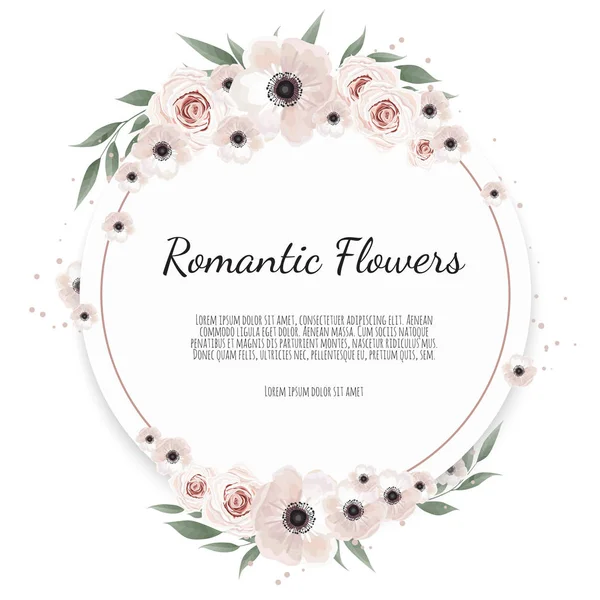 病媒花卉设计卡片。欢迎,明信片婚礼邀请模板.有玫瑰和海葵的精致框架 — 图库矢量图片