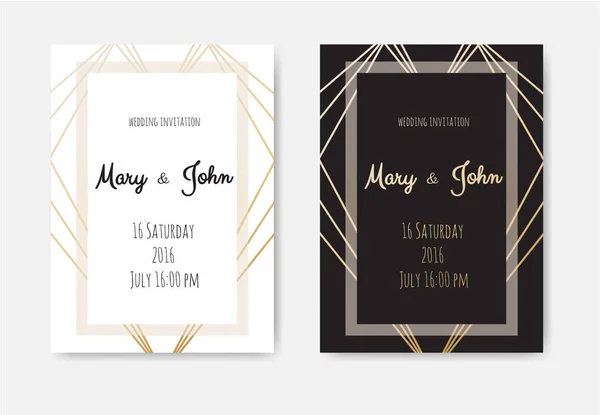 Wedding Invitation, invite card design with Geometrical art lines, gold foil border, frame. — Stock Vector