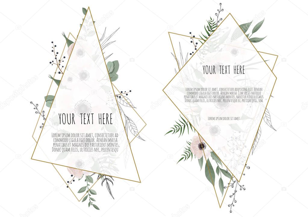 Floral posters, invite, botanic cards with wild flowers and leaves