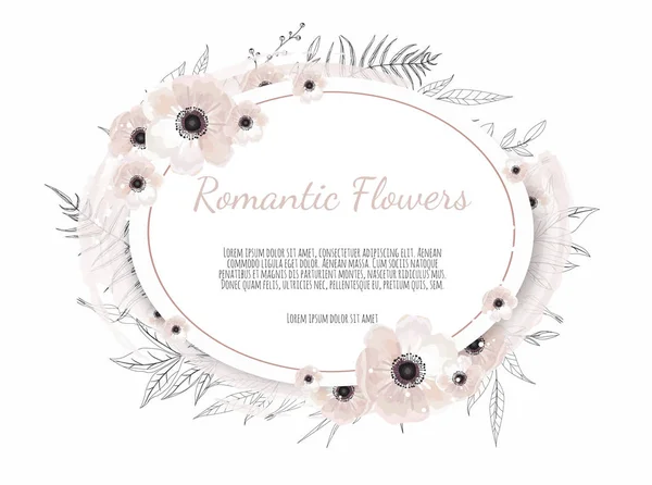 Vektor blommigt designkort. Hälsning, vykort bröllop inbjudan mall. Elegant ram med ros och anemon — Stock vektor