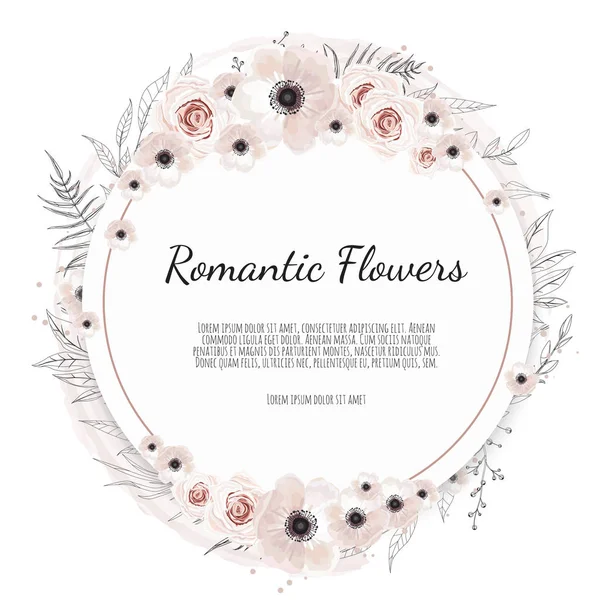 Cadre floral vectoriel. Salutations, modèle d'invitation de mariage de carte postale. Cadre élégant avec rose et anémone — Image vectorielle