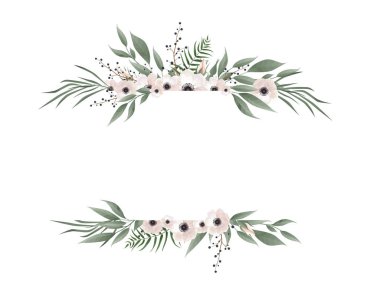 Yatay botanik vektör tasarım afiş. Pembe gül, okaliptüs, succulents, çiçekler, yeşillik. Doğal kaynak kartı veya çerçeve. Tüm öğeleri izole ve düzenlenebilir