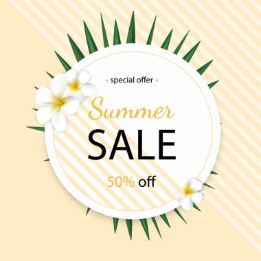 Tropikal palmiye yaprakları ve plumeria çiçek ile yaz satış arka plan. Poster yazdırma, yeni yıl eğlencesi daveti, Satılık tasarım için.