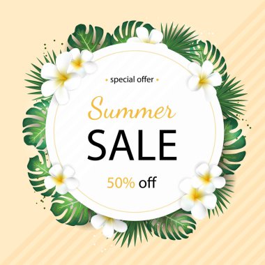 Tropikal palmiye yaprakları ve plumeria çiçek ile yaz satış arka plan. Poster yazdırma, yeni yıl eğlencesi daveti, Satılık tasarım için.