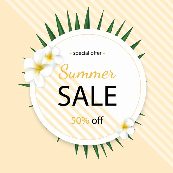 Tropikal palmiye yaprakları ve plumeria çiçek ile yaz satış arka plan. Poster yazdırma, yeni yıl eğlencesi daveti, Satılık tasarım için.