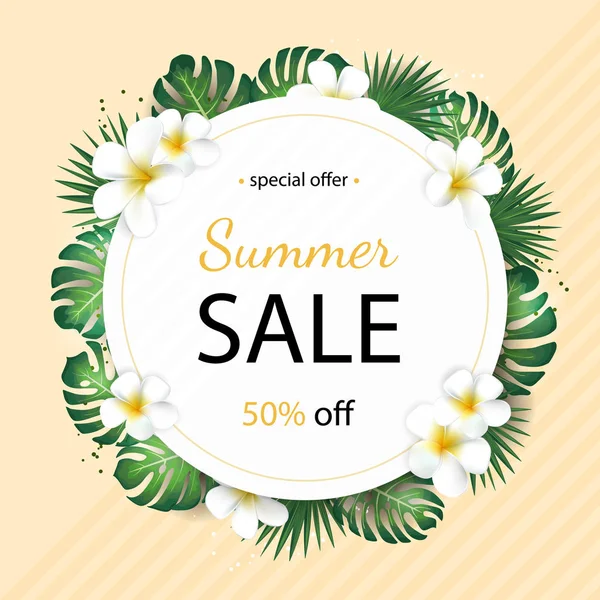 Tropikal palmiye yaprakları ve plumeria çiçek ile yaz satış arka plan. Poster yazdırma, yeni yıl eğlencesi daveti, Satılık tasarım için.