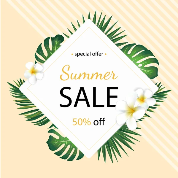 Tropikal palmiye yaprakları ve plumeria çiçek ile yaz satış arka plan. Poster yazdırma, yeni yıl eğlencesi daveti, Satılık tasarım için.