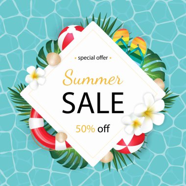 Yaz satış arka plan ile tropikal palmiye ve plumeria, Lifebuoy, flip flop.