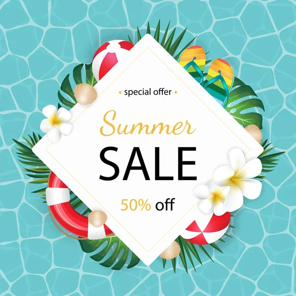 Yaz satış arka plan ile tropikal palmiye ve plumeria, Lifebuoy, flip flop.