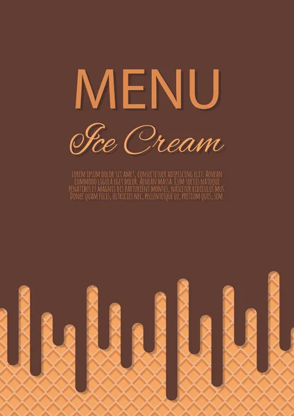 Crème glacée au chocolat coulant sur fond de texture gaufrée. Menu Café, affiche dessert crème glacée, design emballage alimentaire . — Image vectorielle