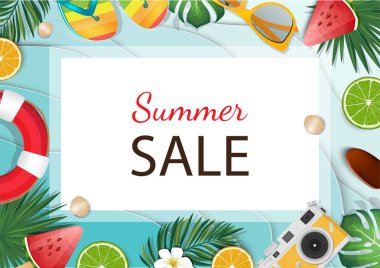 Yaz satış arka plan ile tropikal palmiye ve plumeria, Lifebuoy, flip flop.