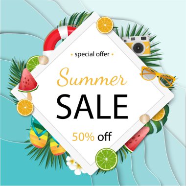 Yaz satış afiş vektör çizim. Yaz öğeleri renkli arka planlar.