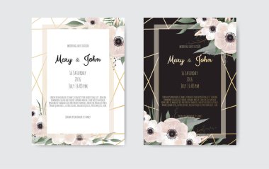 Botanik düğün davetiye kartı şablonu tasarım, beyaz ve pembe çiçekleri beyaz ve siyah arka plan üzerinde