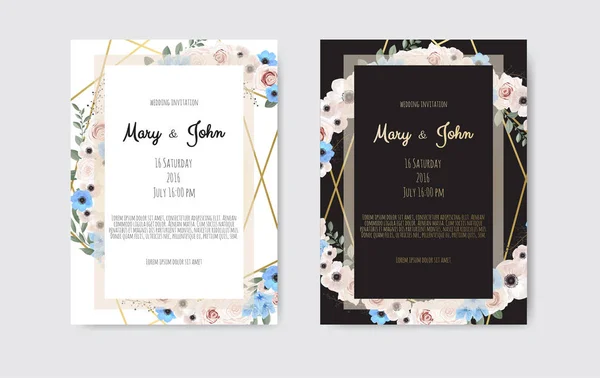 Diseño Plantilla Tarjeta Invitación Boda Botánica Flores Blancas Rosadas Sobre — Vector de stock