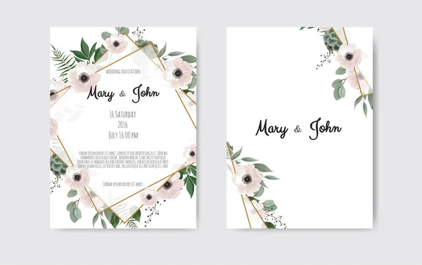 Botanik düğün davetiye kartı şablonu tasarım, beyaz ve pembe çiçekleri beyaz ve siyah arka plan üzerinde. — Stok Vektör