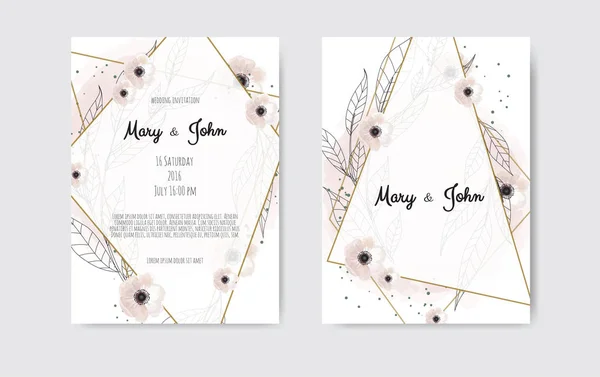 Botanik Düğün Davetiye Kartı Şablonu Tasarım Beyaz Pembe Çiçekleri Beyaz — Stok Vektör
