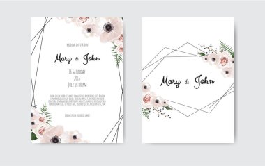 Düğün davet, davet. Botanik düğün davetiye kartı şablonu tasarım, beyaz ve pembe çiçekler. Vektör şablon set