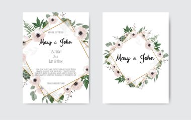 Düğün davet, davet. Botanik düğün davetiye kartı şablonu tasarım, beyaz ve pembe çiçekler. Vektör şablon set