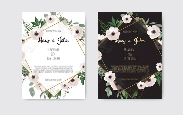 Düğün davet, davet. Botanik düğün davetiye kartı şablonu tasarım, beyaz ve pembe çiçekler. Vektör şablon set