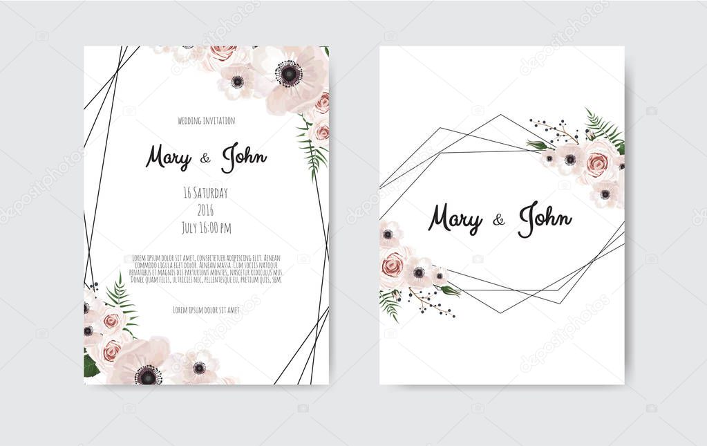 Wedding invite, invitation. Botanical wedding invitation card template design, white and pink flowers. Vector template set