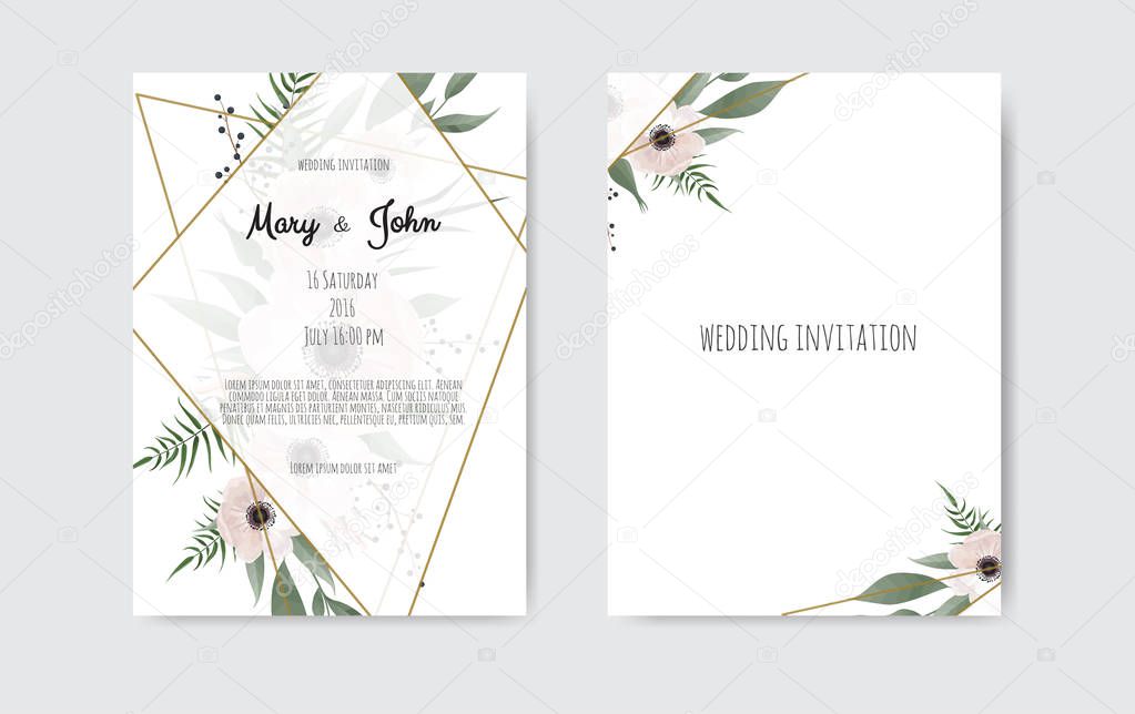 Wedding invite, invitation. Botanical wedding invitation card template design, white and pink flowers. Vector template set